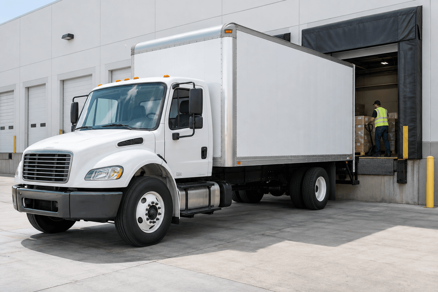 White box truck parked at a freight warehouse dock