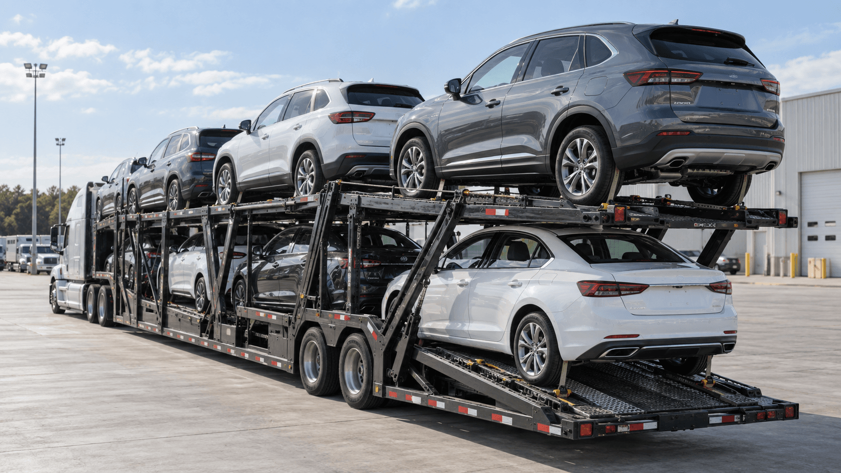 Multi-car hauler carrying passenger vehicles at a logistics yard