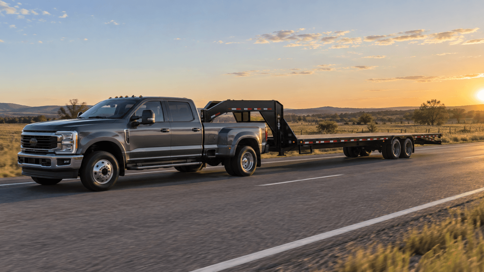 Pickup truck hauling a gooseneck flatbed trailer on an open road