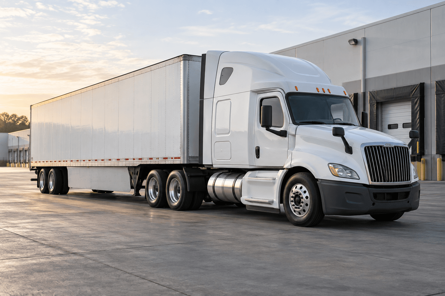 White semi-truck with dry van trailer outside a freight warehouse