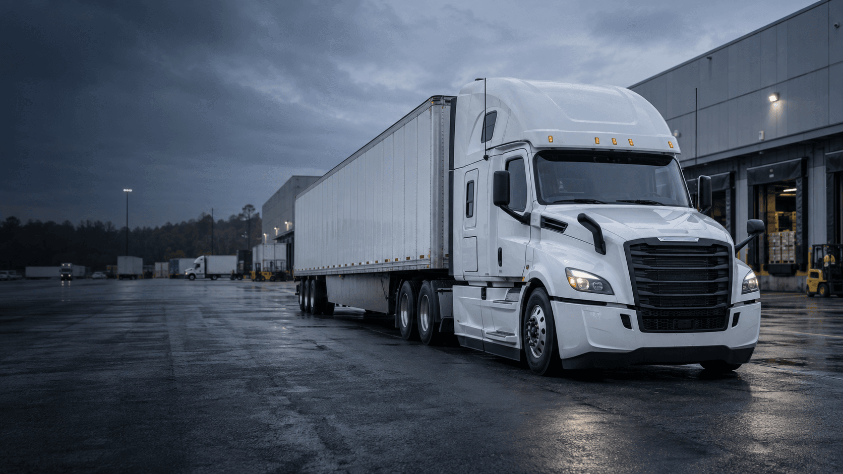 White semi-truck and dry van at a commercial freight yard