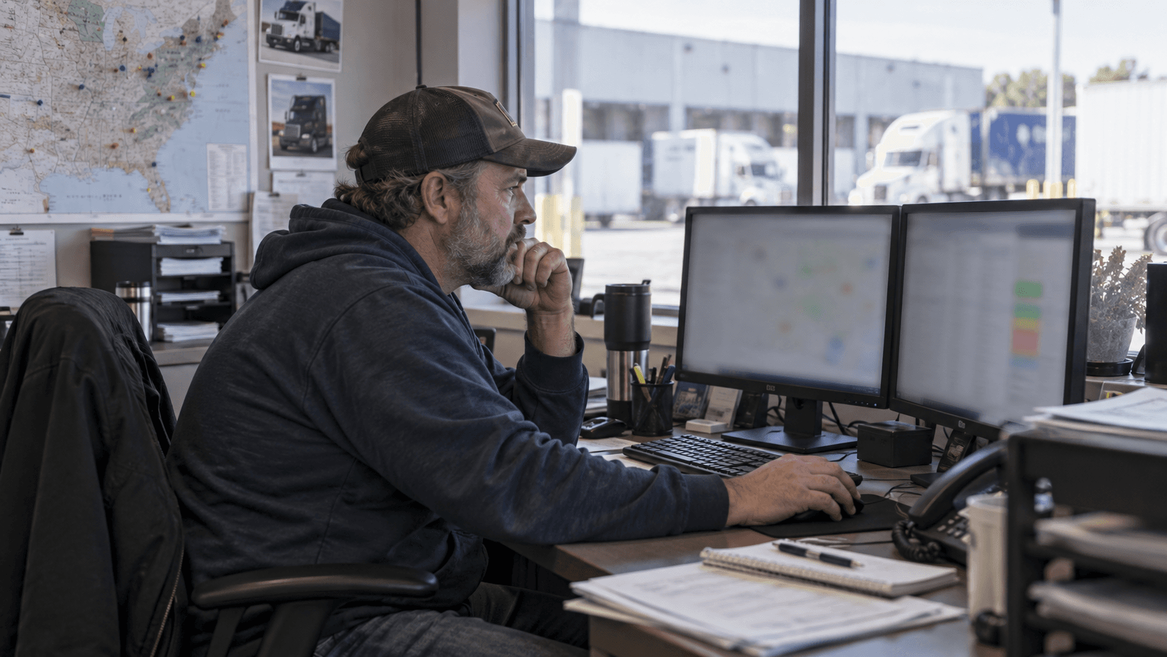 Dispatcher reviewing work at a two-monitor freight office