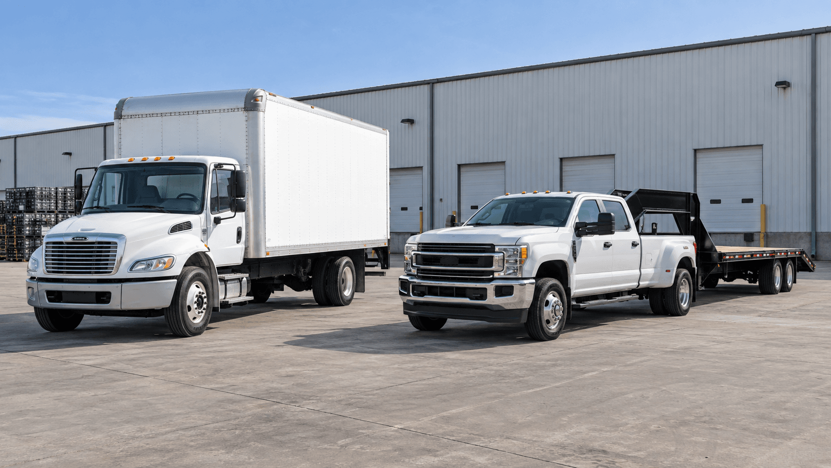 Box truck and hotshot flatbed parked in a freight yard