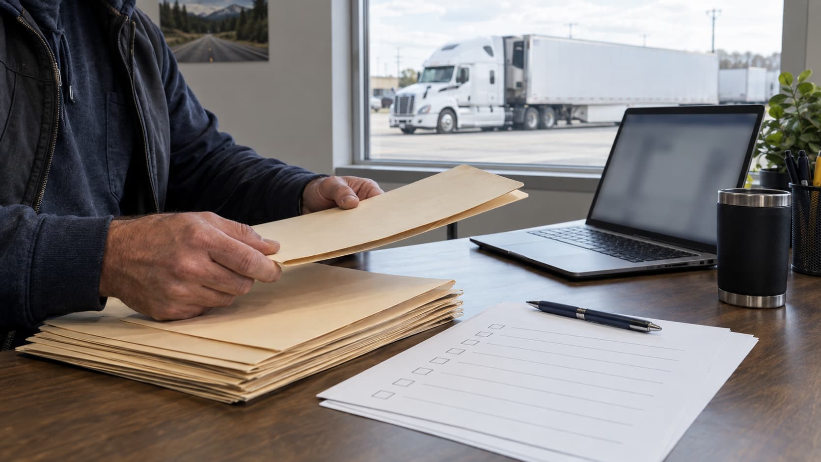 Carrier sorting blank folders and a checklist at a desk