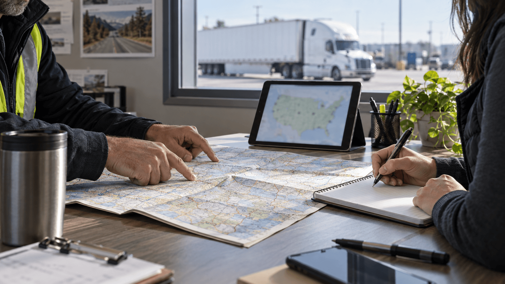 Two people reviewing a freight route on a paper map